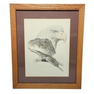 Leon Parson American Eagle Lithograph Print 1980s Wildlife Pencil Art Oak Frame
